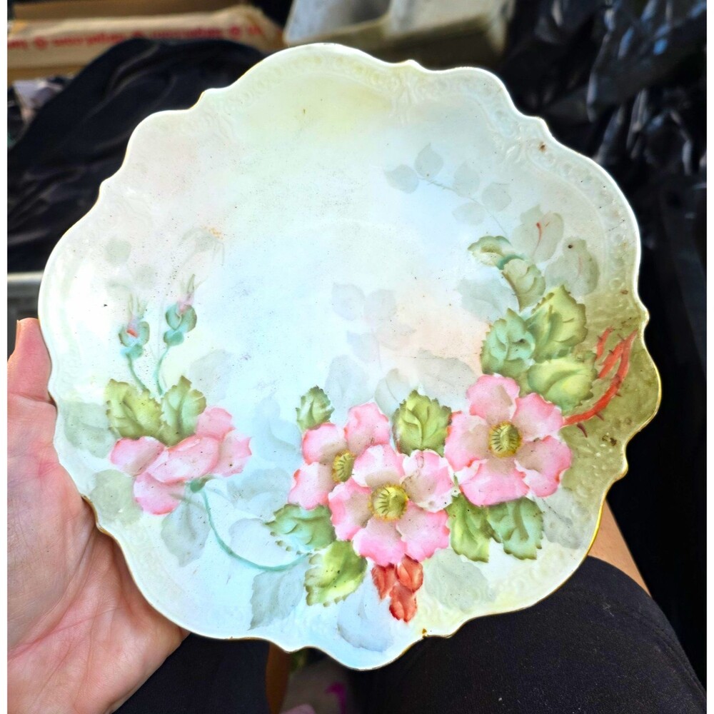 Antique 1909 Hand-Painted Floral Porcelain Scalloped Decorative Plate Round
